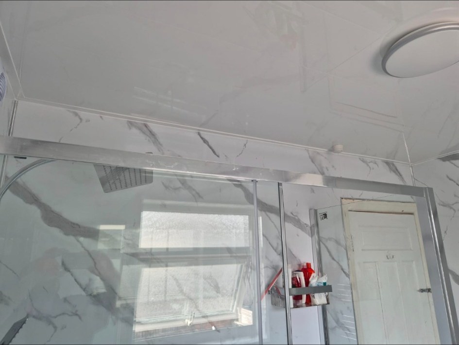 Finished shower enclosure with wall and ceiling panels and lighting detail