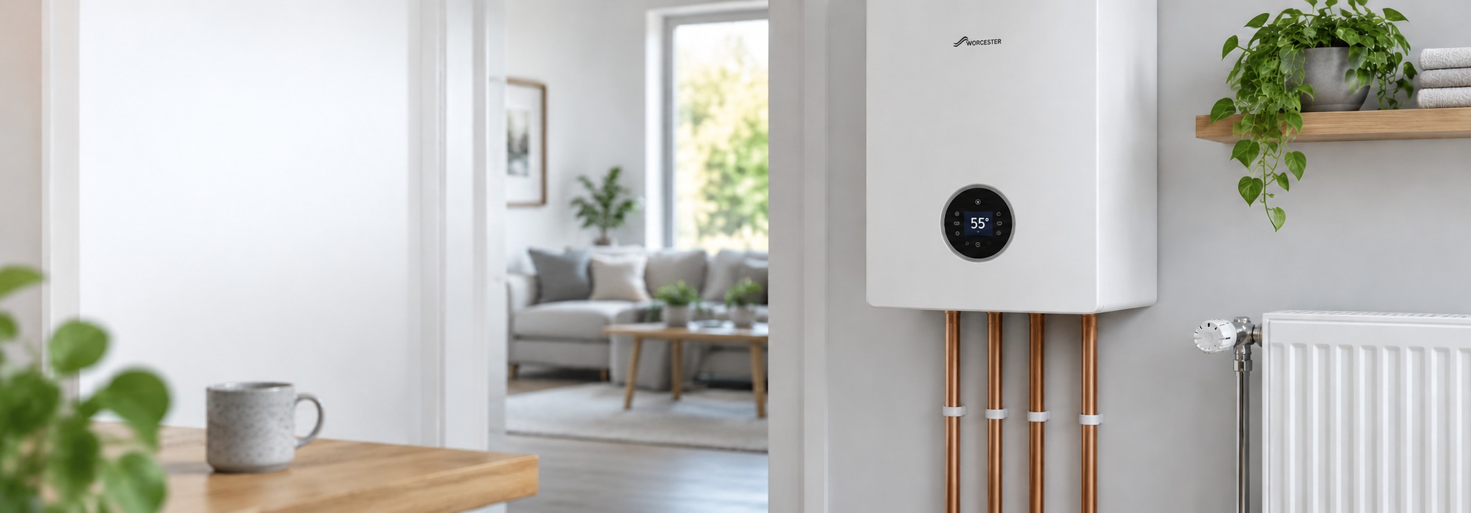 Modern home heating system with boiler, radiator and copper pipework